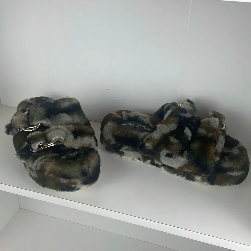 J/SLIDES Genuine Shearling 2 Strap Platform Slide Sandals camouflage 7 - Picture 4 of 9